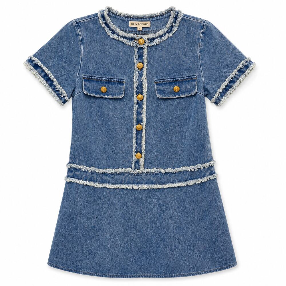 Chic Denim Mini Dress 100% Cotton | Pockets& Gold Buttons